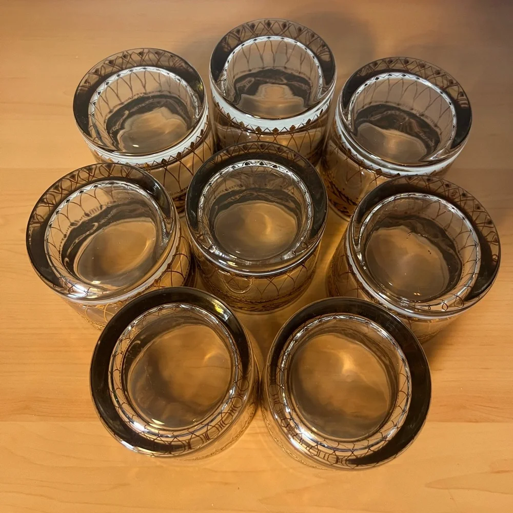 Set of 8 22K Gold Bavaria Culver Ebony Baroque Bucket Lowball Glassware Vintage